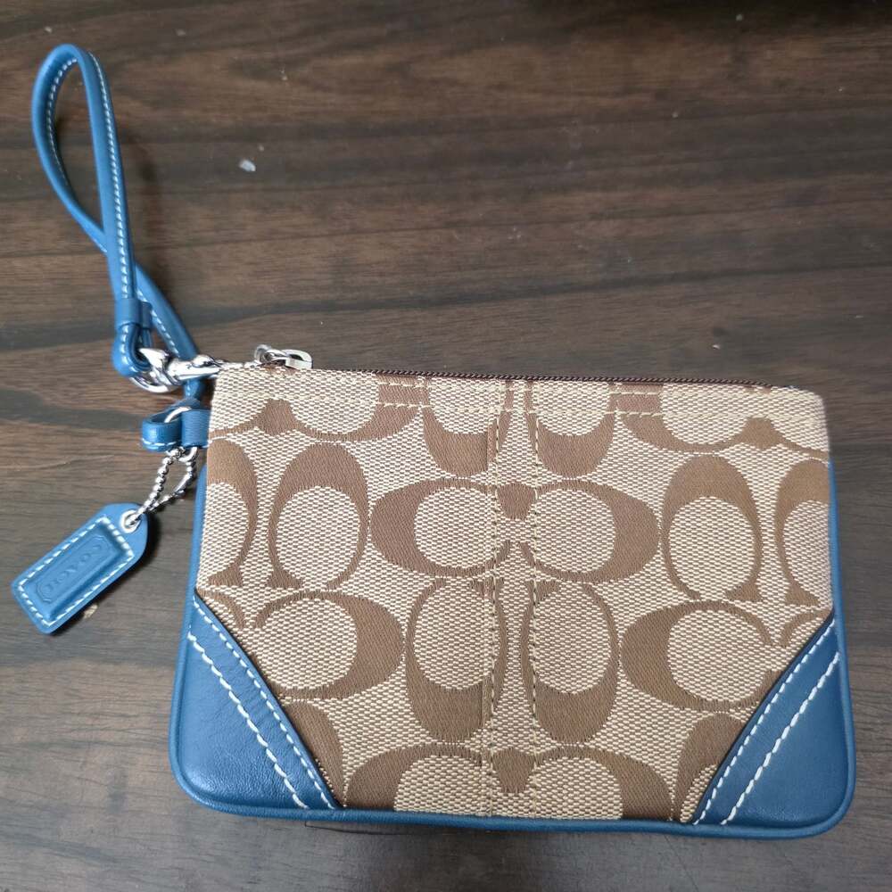 Coach Signature Canvas Corner Zip Wristlet with Blue Leather Trim